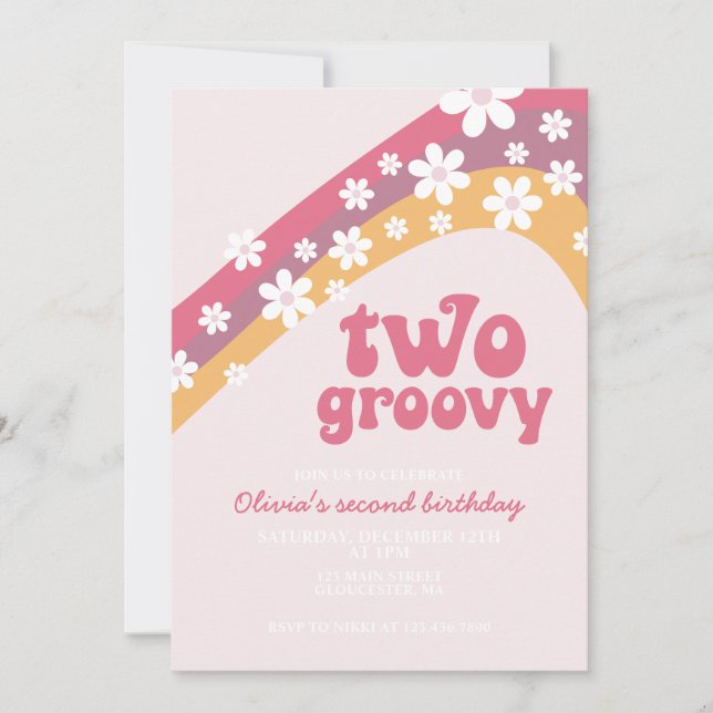Invitación Dos Groovy daisy boho floral 2º cumpleaños (Anverso)