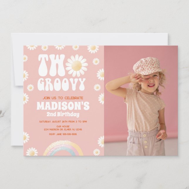 Invitación Dos Groovy Daisy Rainbow Retro Foto 2do Cumpleaños (Anverso)