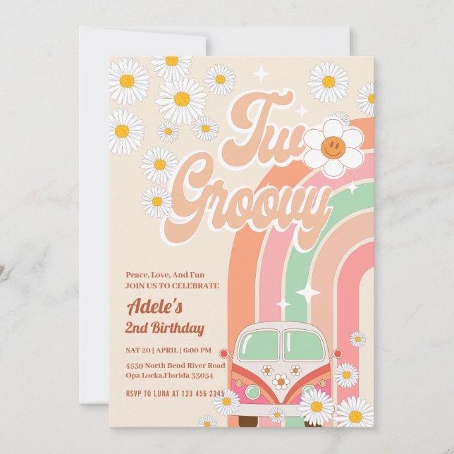 Invitación Dos Groovy dos Camisetas Arcoiris de Cumpleaños Ro (Anverso)