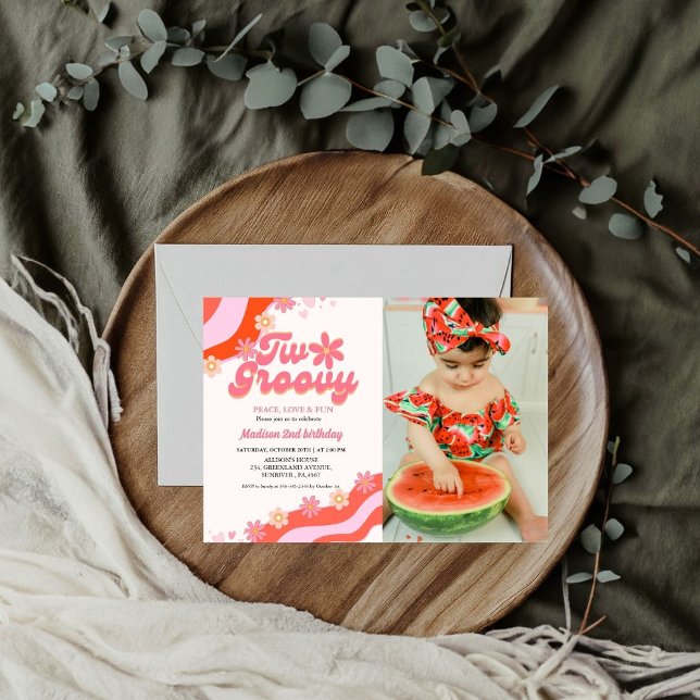 Invitación Dos groovy flor de margarita Retro Groovy 2º cumpl (Subido por el creador)