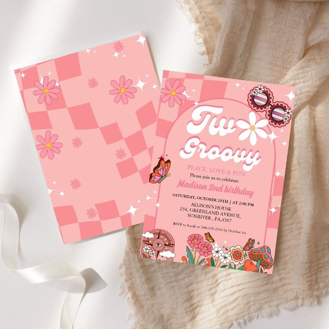 Invitación Dos groovy flor de margarita Retro Groovy 2º cumpl (Subido por el creador)