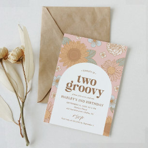 Invitación Dos Groovy Floral Retro Segundo Cumpleaños