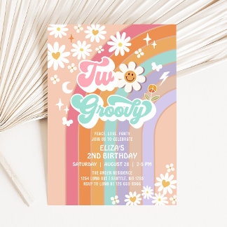 Invitación Dos Groovy Hippie Daisy Arcoiris segundo cumpleaño