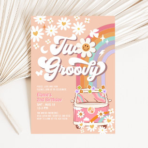 Invitación Dos Groovy Pink Daisy Rainbow Hippie 2do Cumpleaño