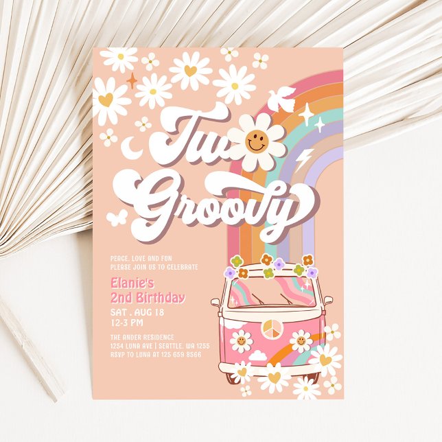 Invitación Dos Groovy Pink Daisy Rainbow Hippie 2do Cumpleaño (Subido por el creador)