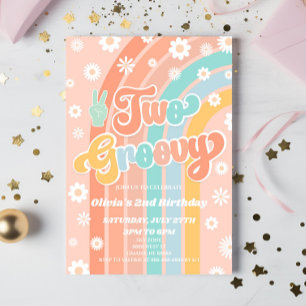Invitación Dos Groovy Rainbow Daisy Retro Segundo Fiesta de c