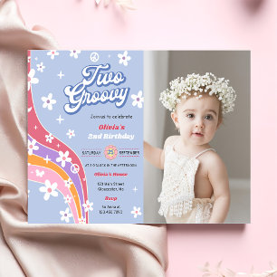 Invitación Dos Groovy Rainbow Floral foto de Fiesta de cumple