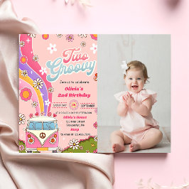 Invitación Dos Groovy Rainbow Floral foto de Fiesta de cumple