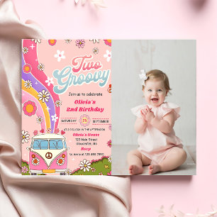 Invitación Dos Groovy Rainbow Floral foto de Fiesta de cumple