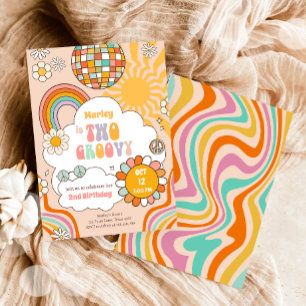 Invitación Dos Groovy Retro 70 Chica arcoiris segundo cumplea