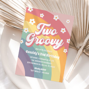 Invitación Dos Groovy Retro 70's Rainbow Daisy 2º cumpleaños