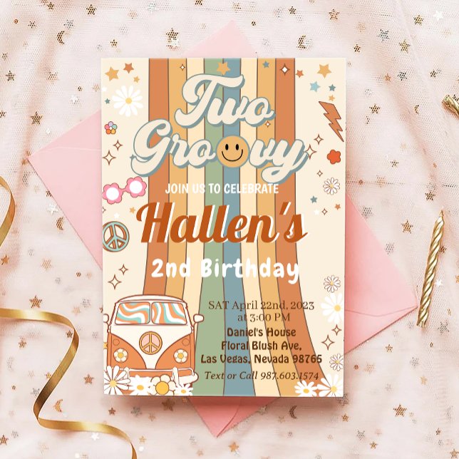 Invitación Dos Groovy Retro Boho Daisy Arcoiris segundo cumpl (Subido por el creador)