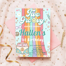 Invitación Dos Groovy Retro Daisy Arcoiris segundo cumpleaños