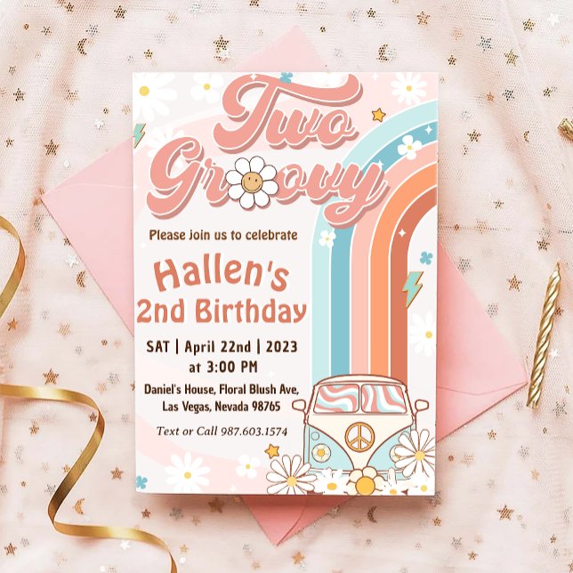 Invitación Dos Groovy Retro Daisy Arcoiris segundo cumpleaños (Subido por el creador)