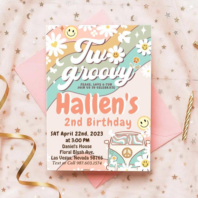 Invitación Dos Groovy Retro Daisy Arcoiris segundo cumpleaños (Subido por el creador)