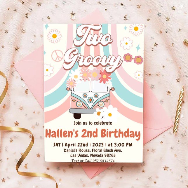 Invitación Dos Groovy Retro Daisy Arcoiris segundo cumpleaños (Subido por el creador)