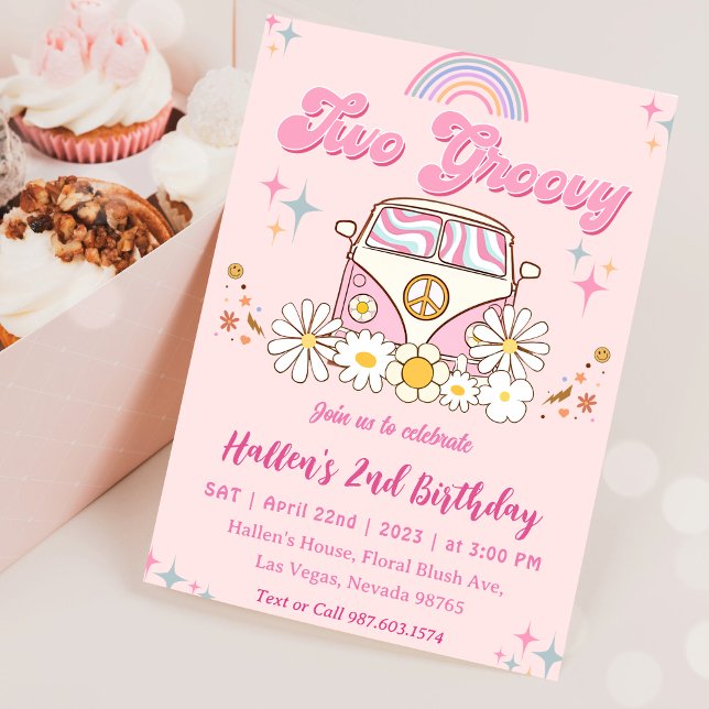 Invitación Dos Groovy Retro Daisy Arcoiris segundo cumpleaños (Subido por el creador)