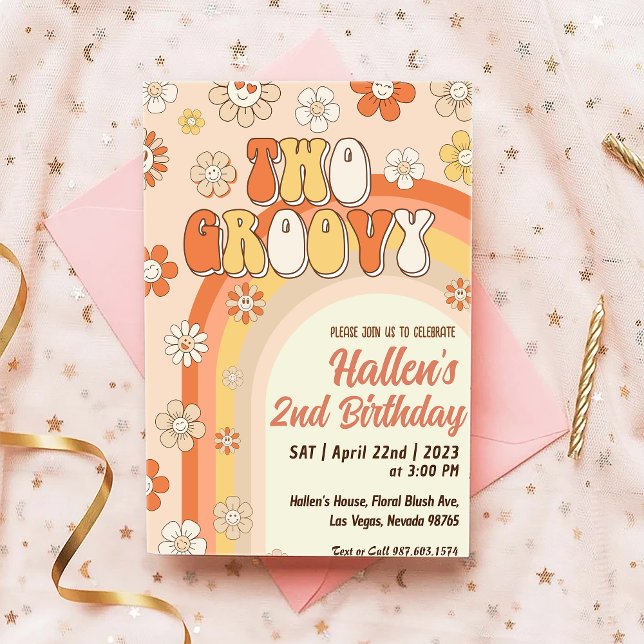 Invitación Dos Groovy Retro Daisy Arcoiris segundo cumpleaños (Subido por el creador)