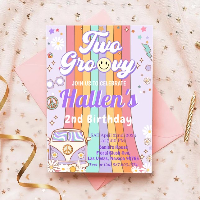 Invitación Dos Groovy Retro Daisy Arcoiris segundo cumpleaños (Subido por el creador)