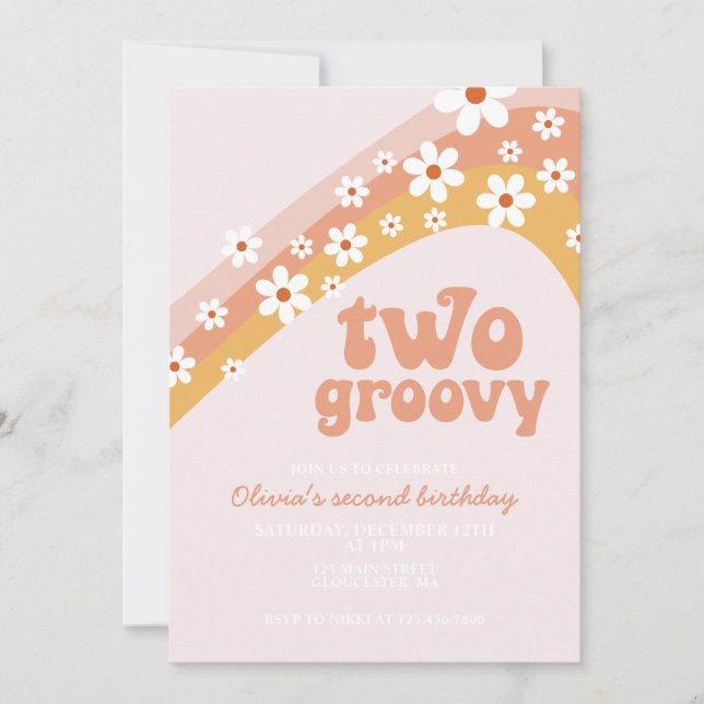 Invitación Dos Groovy Retro daisy boho floral segundo cumplea (Anverso)
