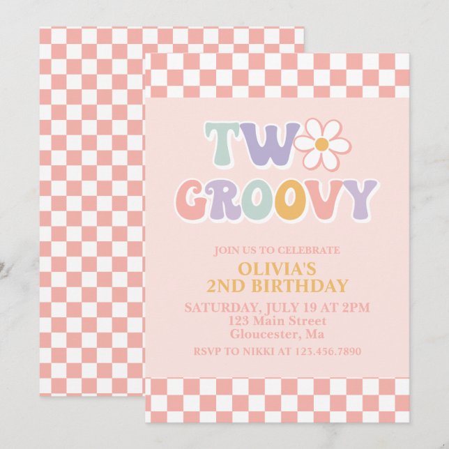 Invitación Dos Groovy Retro Daisy y Checker Cumpleaños 2 (Anverso / Reverso)