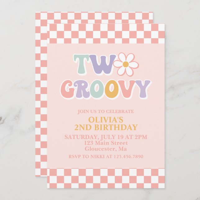 Invitación Dos Groovy Retro Daisy y Checker segundo cumpleaño (Anverso / Reverso)