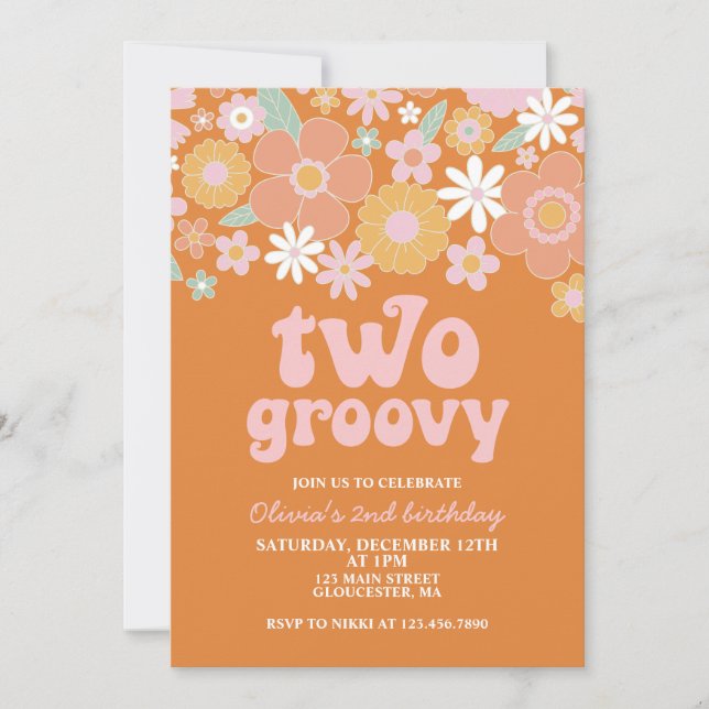 Invitación dos Groovy Retro Floral segundo cumpleaños (Anverso)