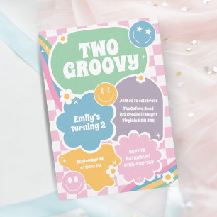 Invitación Dos Groovy Retro Hippie Segundo Cumpleaños