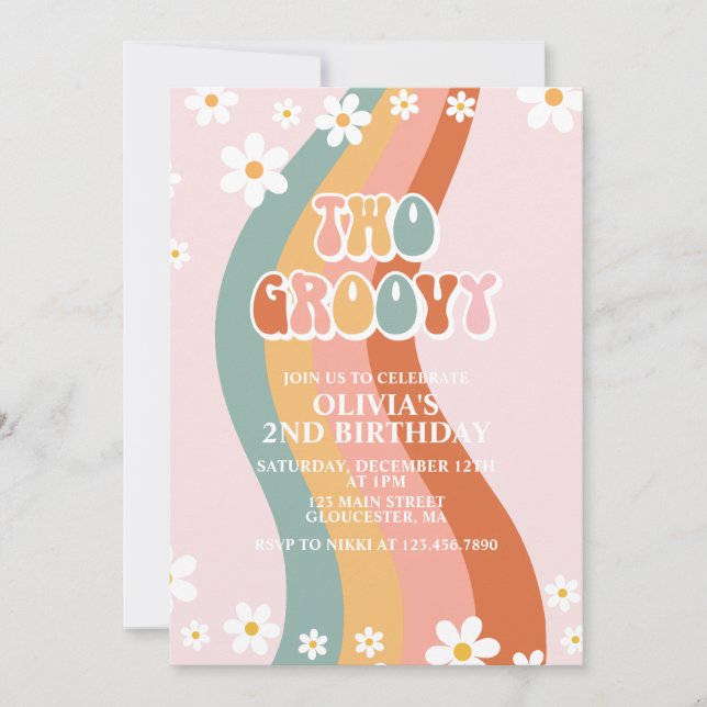 Invitación Dos Groovy Retro margaritas arcoíris cumpleaños 2 (Anverso)
