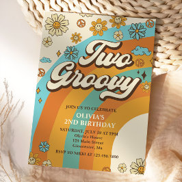 Invitación Dos Groovy Retro Rainbow segundo Fiesta de cumplea