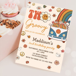 Invitación Dos Groovy Retro Rainbow segundo Fiesta de cumplea