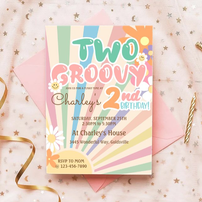 Invitación Dos Groovy Retro Sunshine Daisy Boho Segundo Cumpl (Subido por el creador)