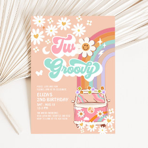 Invitación Dos Groovy Rosa Daisy Rainbow Van segundo cumpleañ