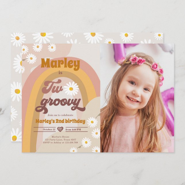 Invitación Dos Groovy Segundo Cumpleaños Retro Boho Daisy In (Anverso / Reverso)