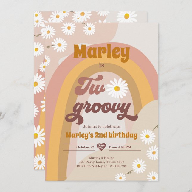 Invitación Dos Groovy Segundo Cumpleaños Retro Boho Daisy In (Anverso / Reverso)