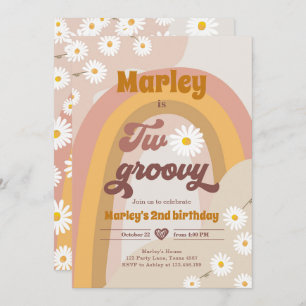 Invitación Dos Groovy Segundo Cumpleaños Retro Boho Daisy In