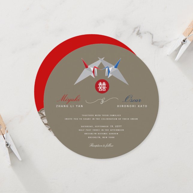 Invitación Dos grullas de papel rojas y azules originami Boda (Anverso/Reverso In Situ)