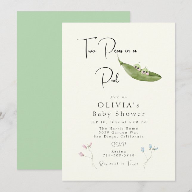 Invitación Dos guisantes en un Baby Shower de Pod (Anverso / Reverso)