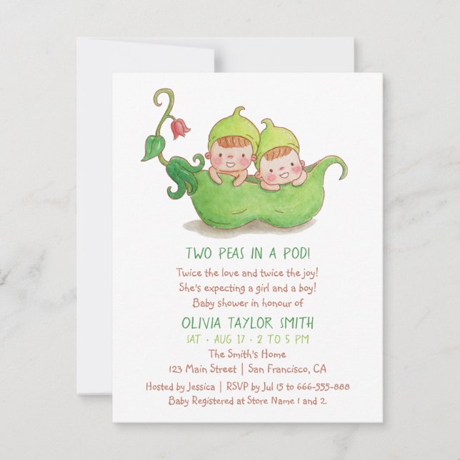 Invitación Dos guisantes en una acuarela de Baby Shower del (Anverso)