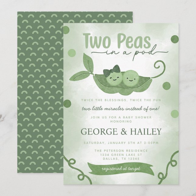Invitación Dos guisos en un Baby Shower gemelo de Pod (Anverso / Reverso)