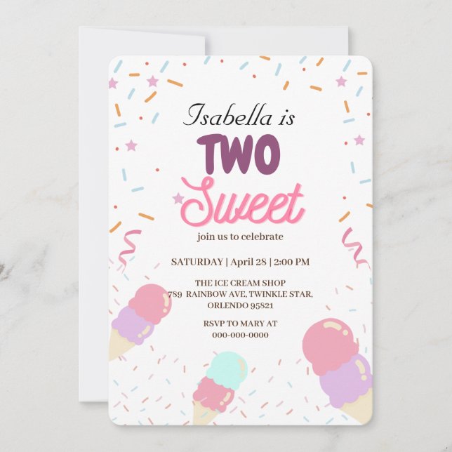Invitación Dos helados dulces y Chica de segundo cumpleaños S (Anverso)