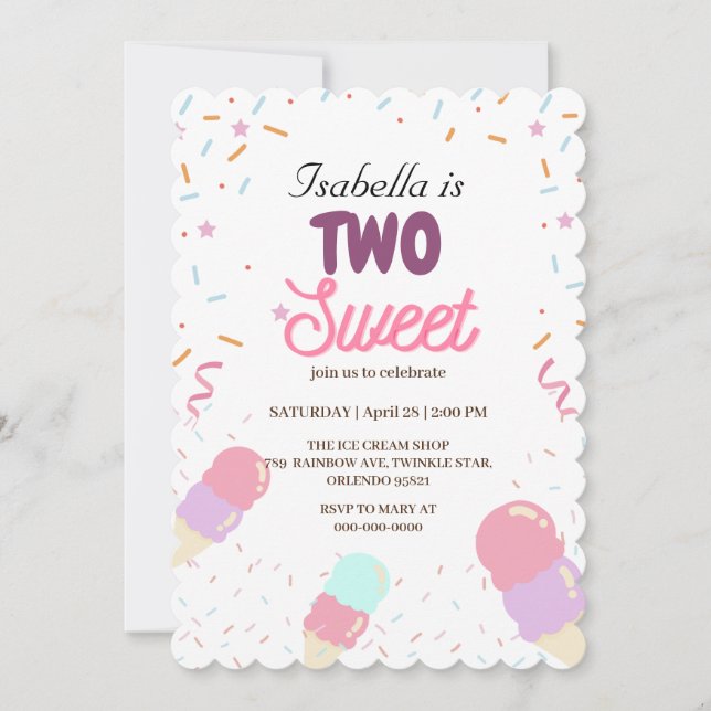 Invitación Dos helados dulces y Chica de segundo cumpleaños S (Anverso)