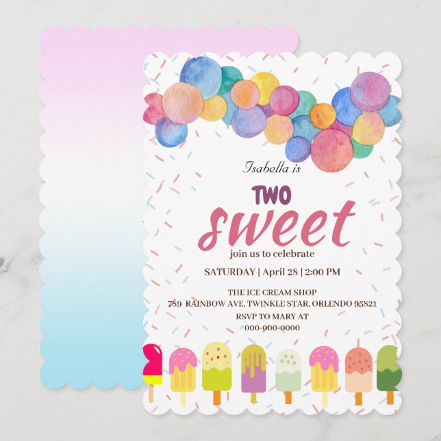 Invitación Dos helados dulces y paleta Chica de cumpleaños (Anverso / Reverso)