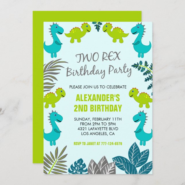 Invitación Dos hijos fiestas rex cumpleaños de segundo dinosa (Anverso / Reverso)