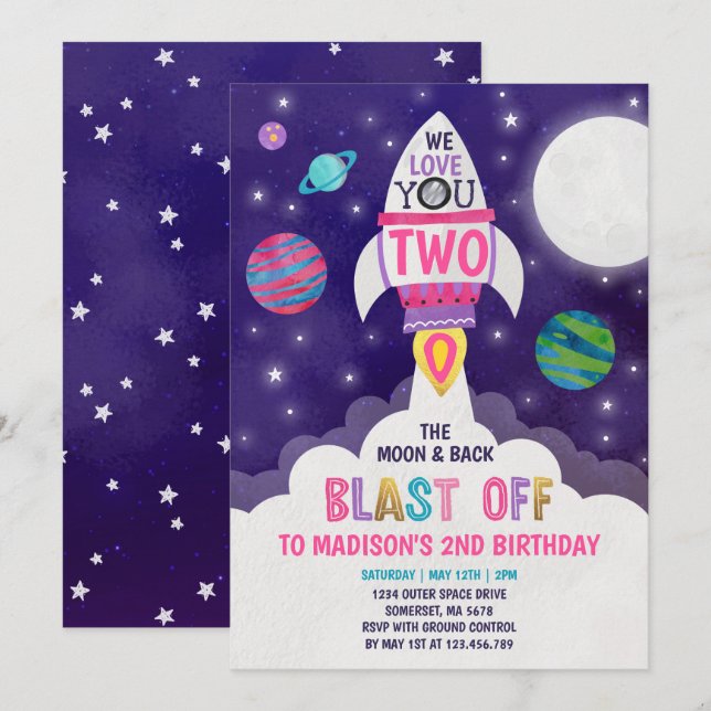 Invitación Dos Invitados De Cumpleaños De La Luna Amados A Do (Anverso / Reverso)