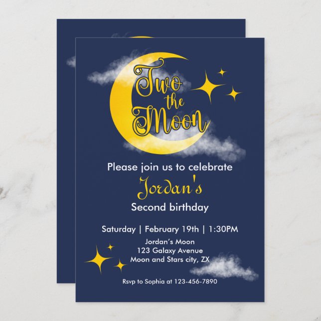 Invitación Dos La Luna Elegante Género Neutral Segundo Cumple (Anverso / Reverso)