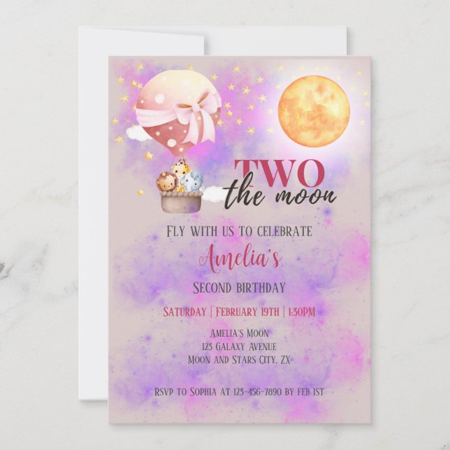 Invitación Dos Las Chicas De La Luna Animales Globo Segundo C (Anverso)