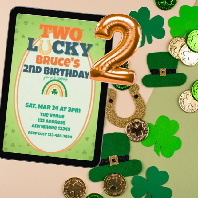 Invitación Dos Lucky Orange Shamrock Rainbow 2do Cumpleaños (Subido por el creador)