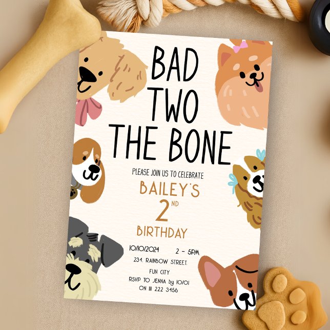 Invitación Dos malos cumpleaños del perro con pipa ósea (Bad Two The Bone Puppy Dog Birthday Invitation)