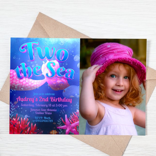 Invitación Dos mares con paisaje fotográfico (Two the Sea - Girl Mermaid 2nd Birthday Landscape Invitation with Picture)